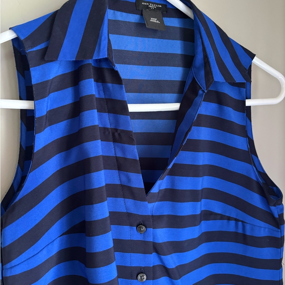Ann Taylor Tie-Front Blue Striped Sleeveless Blouse
